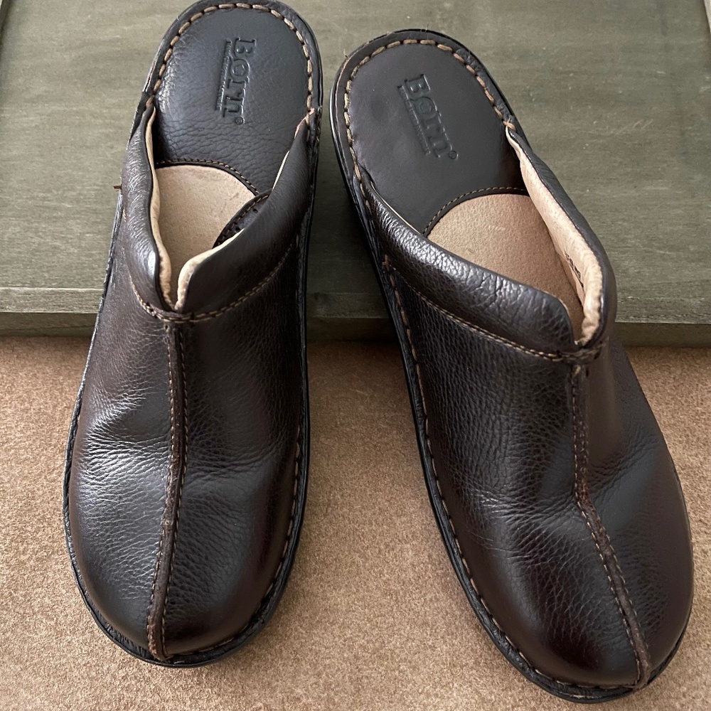 Born Pebbled Leather Clog Wedge Dark Brown Slip-On Comfort Size 9 EUC